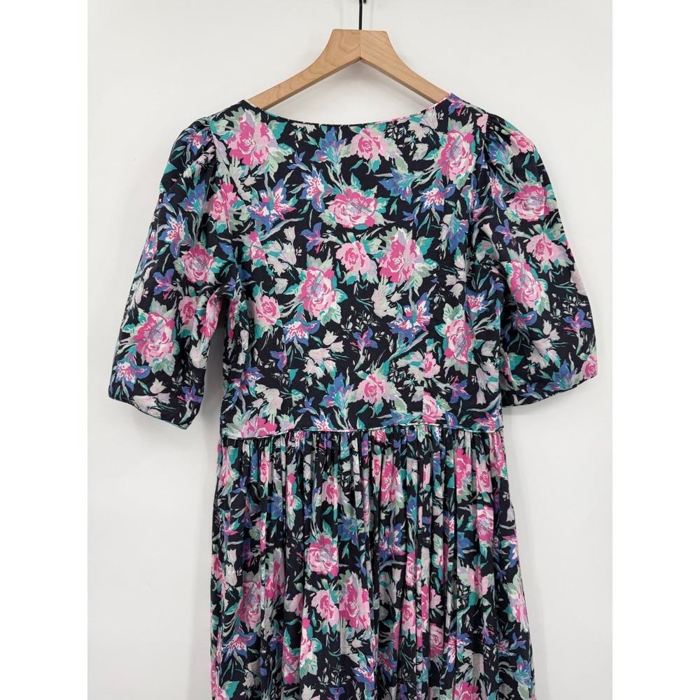 Vintage Laura Ashley Dress Womens 14 Black Pink Floral Cotton Pockets Cottage - Picture 7 of 10